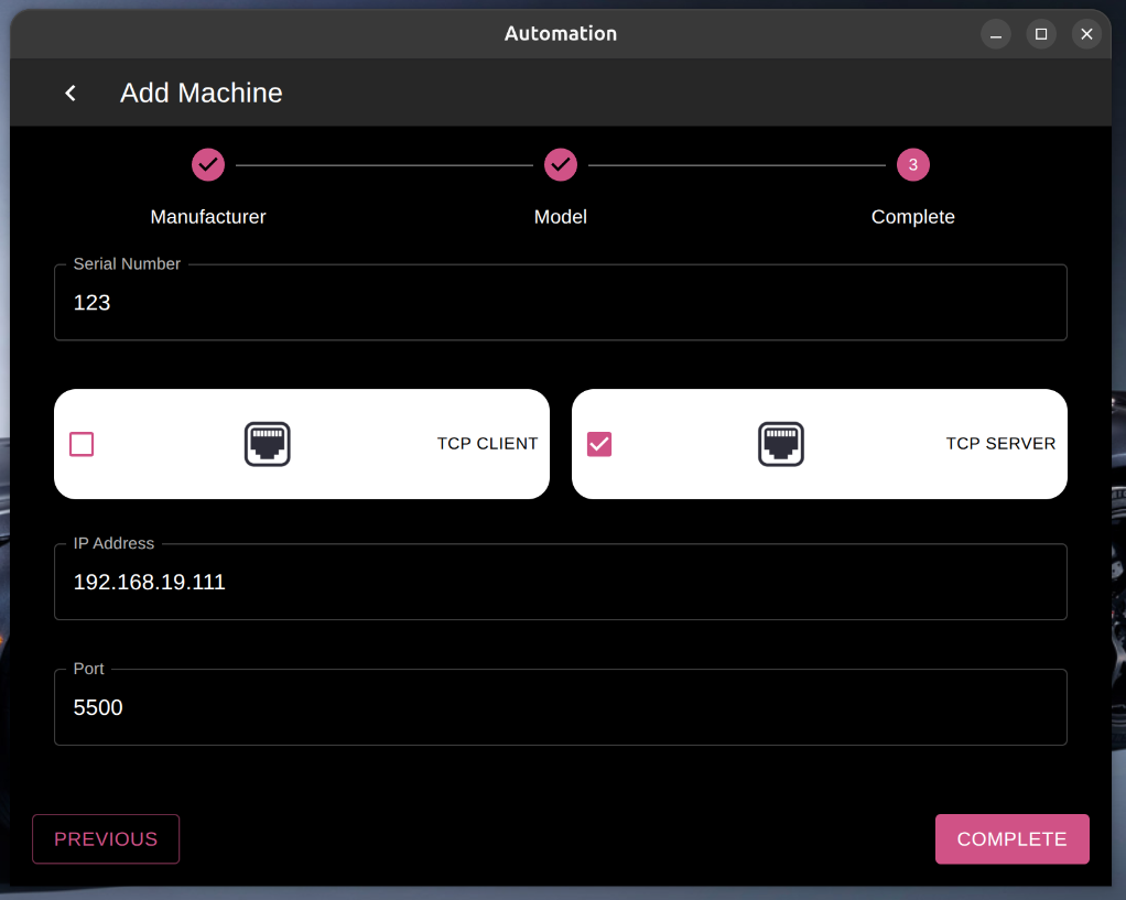 Add Machine screen in Automation, select TCP Server and enter the BC-5800 IP address and port 5500