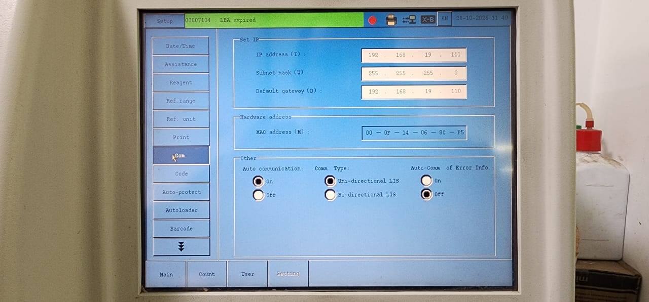 Com. setup screen, configure the IP address and communication options