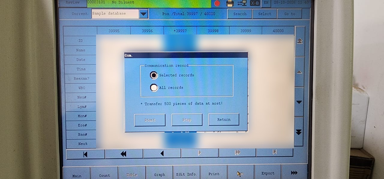 Com. dialog, choose Selected records or All records and tap Start
