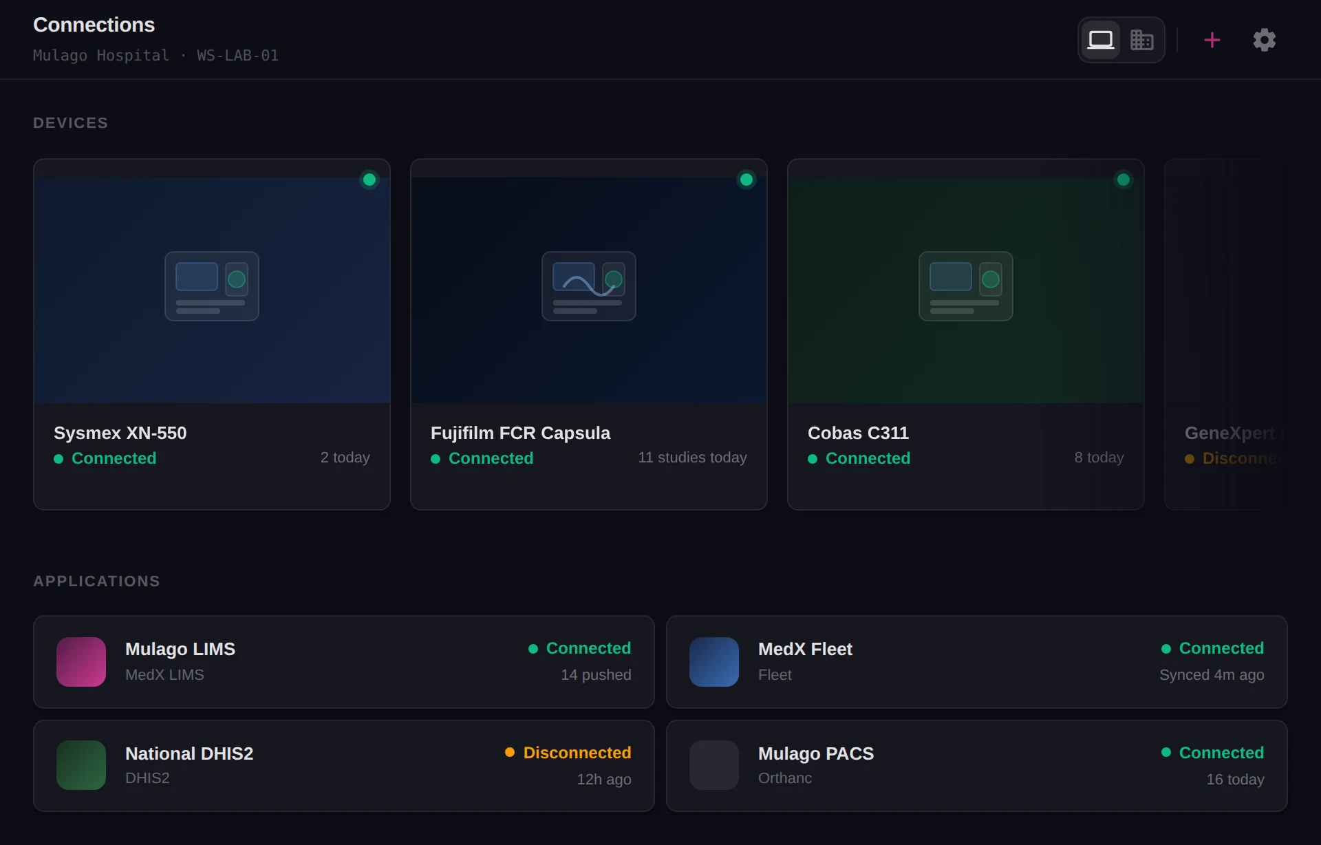 The MedX Automation Connections screen, listing the analysers on a lab workstation and the applications their results are sent to, each with its connection status.